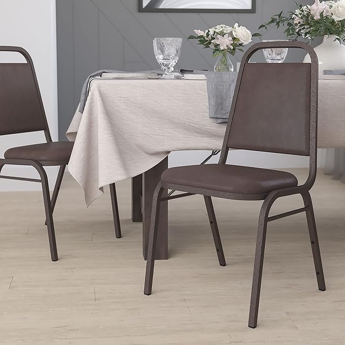 EMMA + OLIVER Trapezoidal Back Vinyl Stackable Banquet Chair, Multipurpose Stacking Chair with Padded Seat and Back, Brown/Copper
