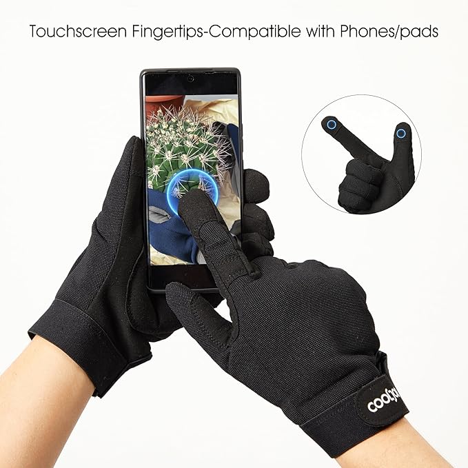 COOLJOB Thorn Proof Garden Gloves with Touchscreen Fingers for Men, Rose Pruning Work Gloves with Palm Cushion for Gardener, Farmer and Landscaper (Black 1 Pair XL)