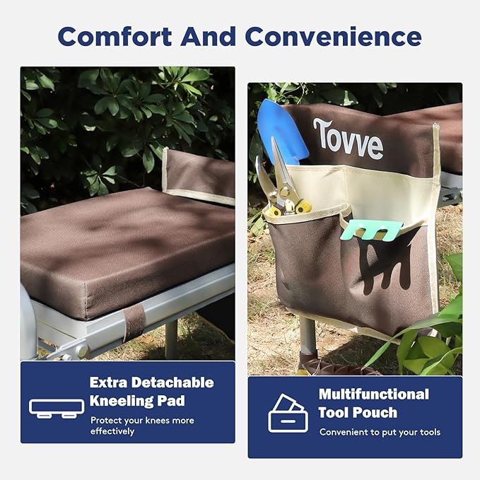 Foldable Garden Kneeler and Seat, Heavy Duty Garden Stool with 10" Wide Detachable Kneeling Pad, Portable Garden Bench Chair with Large Garden Tool Bag, Gardening Gifts for Women, Seniors, Mom