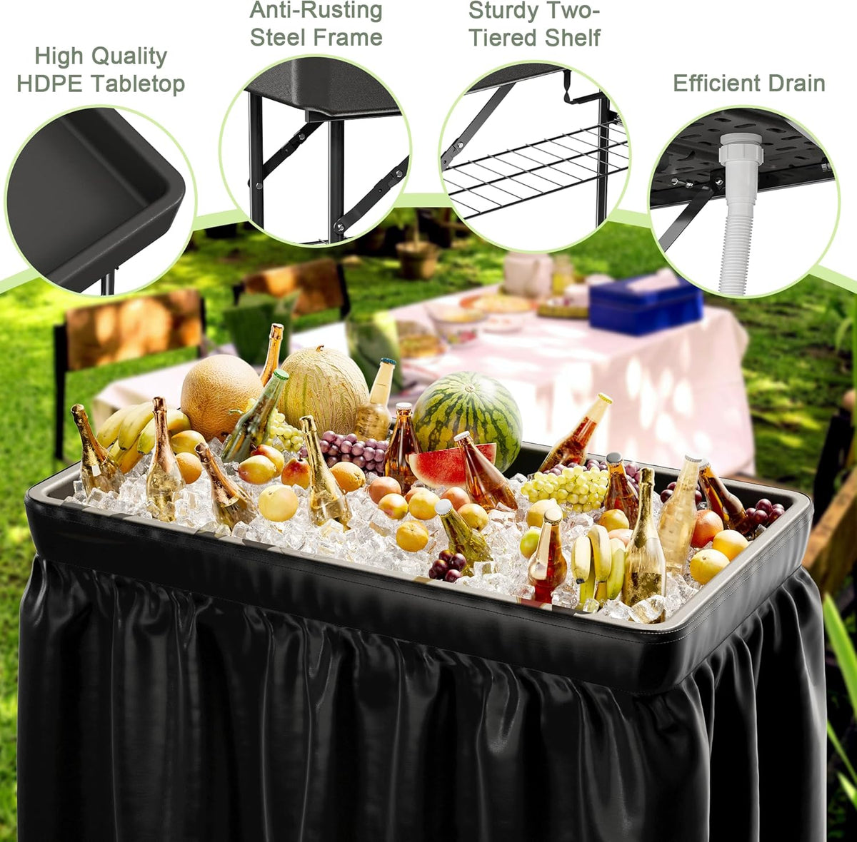 4 Foot Ice Cooler Table with Matching Skirt & Drain Hose, with Iron Stand, Portable Patio Outdoor Chilling Table Portable Bar for Events for Party, Picnic, BBQ, Camping (Black)