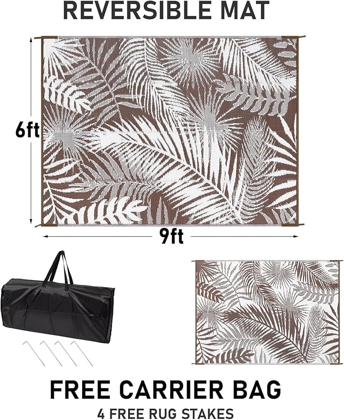 HiiARug Outdoor Rug 6x9Ft Outdoor Plastic Straw Rug Waterproof Outdoor Rugs for Patios Clearance Large Reversible Patio Mat Outdoor Area Rug for Patios Deck Beach RV Camper Backyard,Brown&White