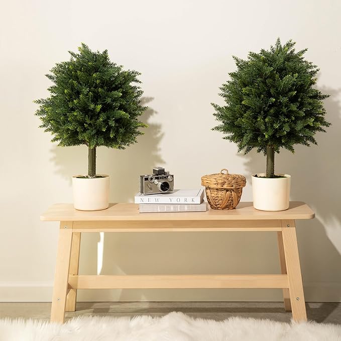 Premium 16" Diameter Artificial Cypress Topiary – Set of 2 Faux Plants in Beige Decorative Planters – UV-Resistant, Weatherproof, Realistic Outdoor & Indoor Greenery