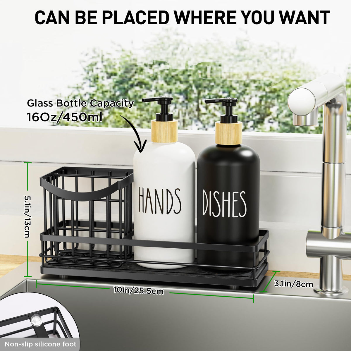 Moforoco Kitchen Dish Soap Dispenser Set, 16OZ Glass Bottle, Hand and Dish Soap Dispenser Set, Instant Dry Tray, Brush Holder with Smiley Face Sponge Holder (Universal Black Tray+Black&White Bottle)