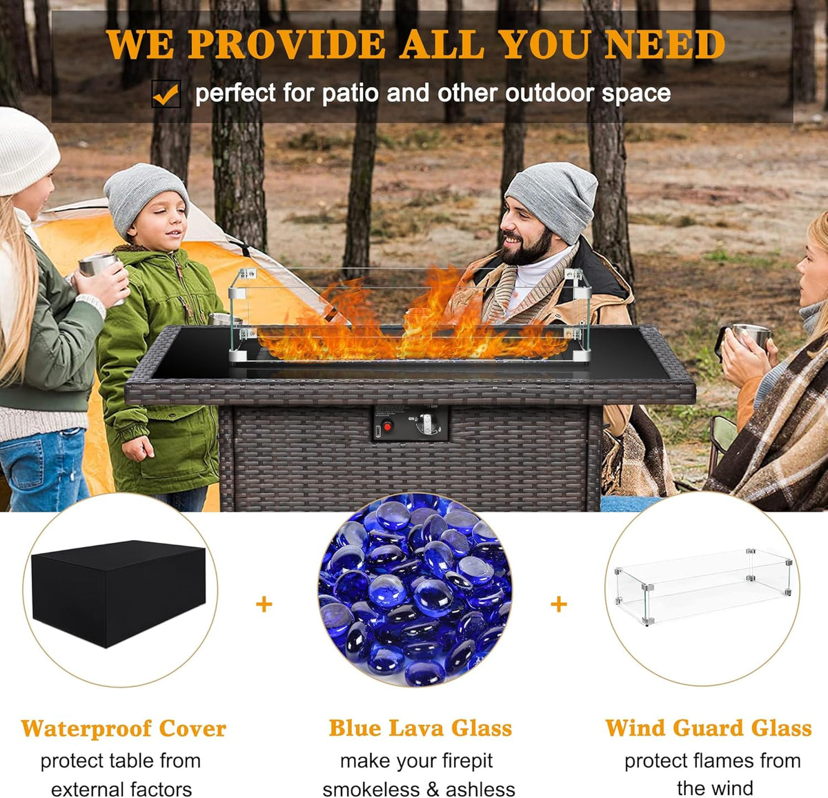 LayinSun 44" Propane Gas Fire Pit Table, 55000 BTU Rectangular Fire Pit with Glass Wind Guard for Outside Patio Deck Garden Backyard