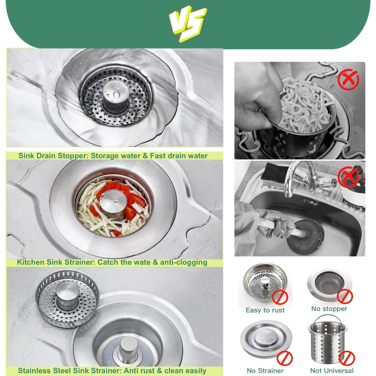 Sink Drain Strainer 3 in 1, 304 Stainless Steel Pop Up Sink Stopper, Anti-Clogging Sink Strainer, Kitchen Sink Strainer, Drain Cover and Kitchen Accessories for US Standard Sink(Silver)