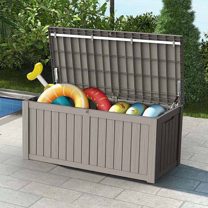 Mars Villa 119 Gallon Outdoor Storage Box Waterproof, Large Resin Deck Box for Pool Supplies Storage, Outdoor Patio Furniture Cushions, with Hydraulic Hinge, UV-Resistant and Weatherproof, Greige
