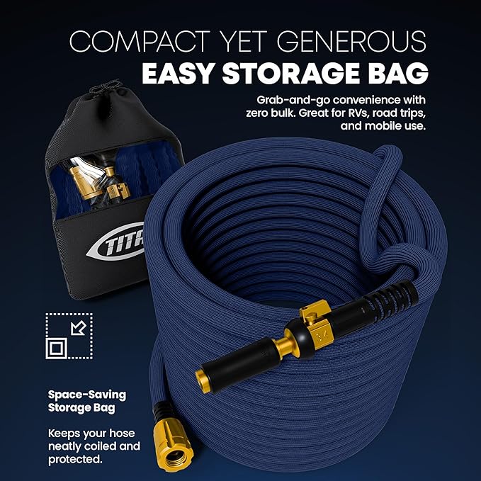 TITAN Flexible Garden Hose 65FT – Ultra Lightweight, Heavy Duty Water Hose with Brass Fittings & Jet Nozzle – Kink-Free, Non-Expanding, Durable Fabric Hose for Yard, Lawn, Car Wash, Outdoor Use