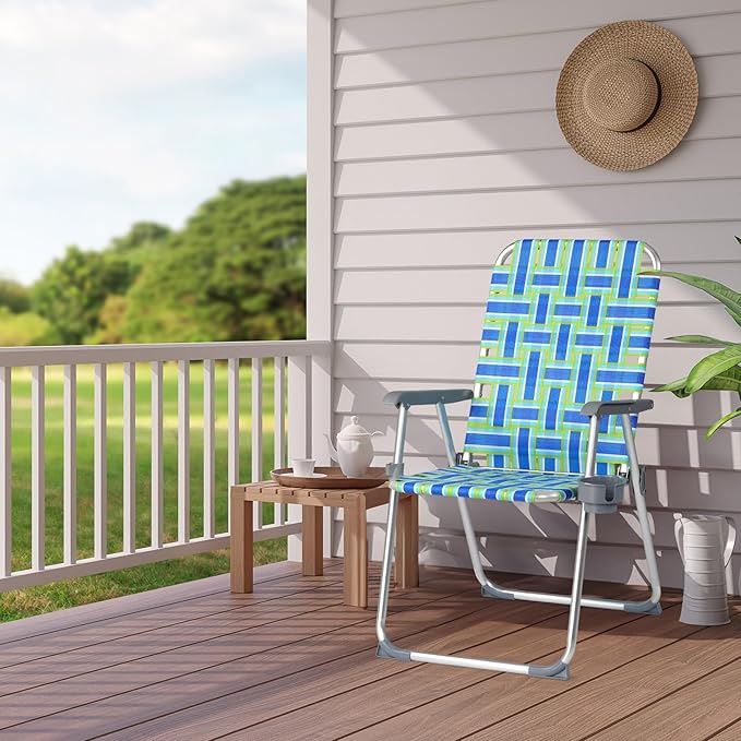 VINGLI Aluminum Patio Lawn Chairs Folding Set of 2 with Detachable Cup Holder, Webbed Beach Chair Folding Chair Outdoor Portable Camping Chair for Yard, Garden Blue alulawnchair