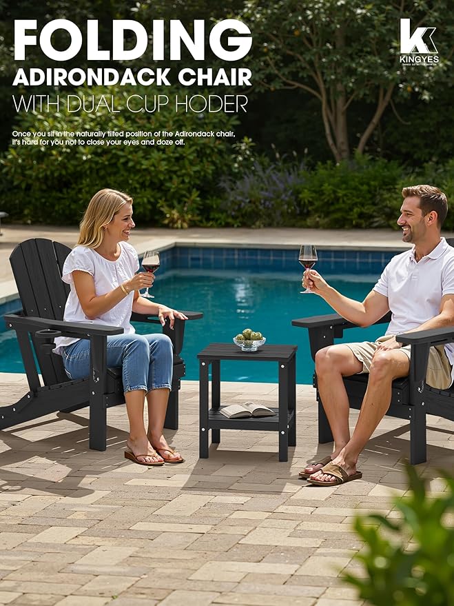 KINGYES Folding Adirondack Chair with Dual Cup Holders - HDPE All-Weather Outdoor Chairs, Wood-Like Patio Chair for Backyard, Camping, Pool & Fire Pit, Black