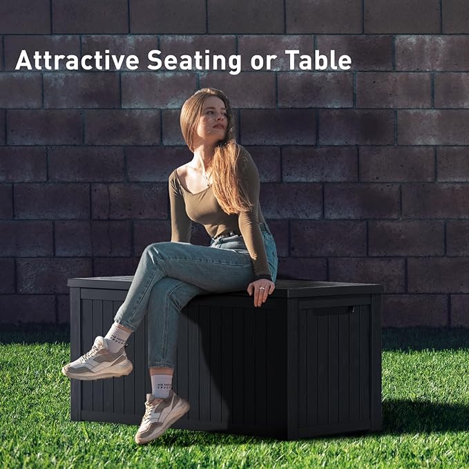 DRATO 180 Gallon Deck Box, Waterproof Resin Large Outdoor Storgae Box for Patio Furniture, Patio Cushions, Gardening Tools, Pool and Sports Supplies, Lockable