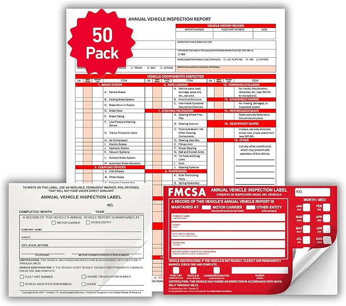 50 Pack 3-Ply Carbonless Annual Vehicle Inspection Report Forms with FMCSA Red Aluminum Labels & White Mylar Laminate Vinyl Labels, DOT Inspection Forms and Stickers, Shrink-Wrapped, 8.5" x 11.75"