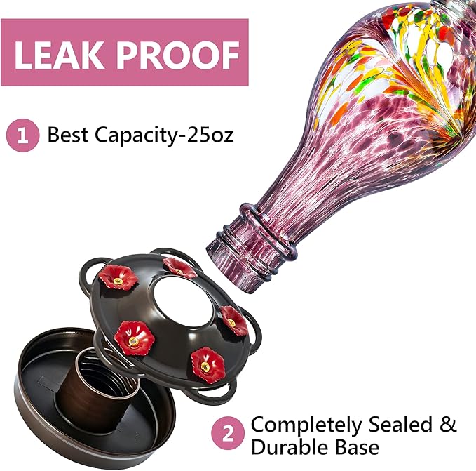 LUJII Hand Blown Glass Hummingbird Feeder for Outdoors Hanging with Ant Guard, 25 fl.oz, Leak Proof & Rustproof, Metal Base with 5 Feeding Ports & 5 Perches, Unique Garden & Backyard Decor (Purple)