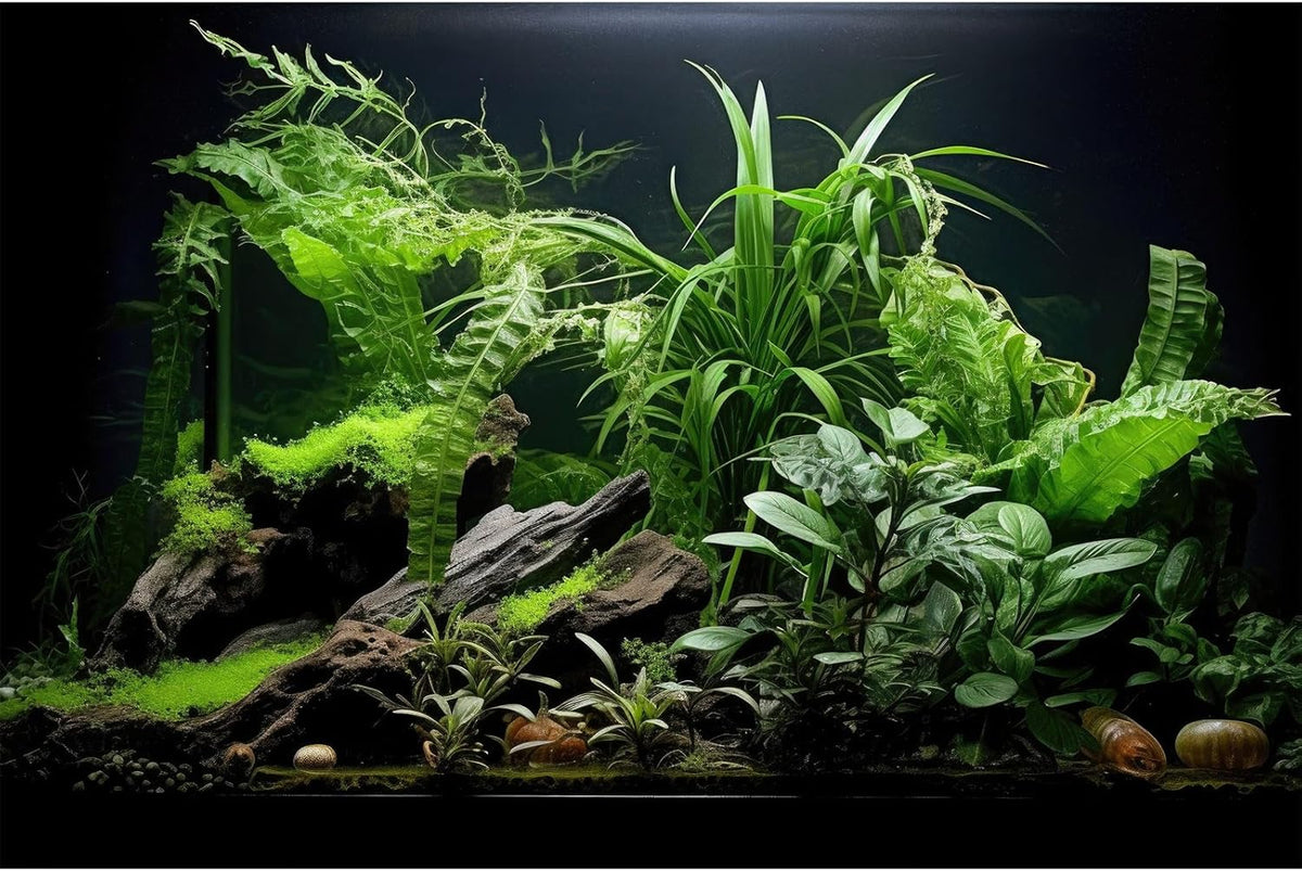 Aquarium Background Freshwater Green Plants Terrarium Background Aquatic Underwater Sea Grass Tank Background Wood Root Rock with Moss Jungle Style Fish Tank Background Poster Wallpaper 48x20in