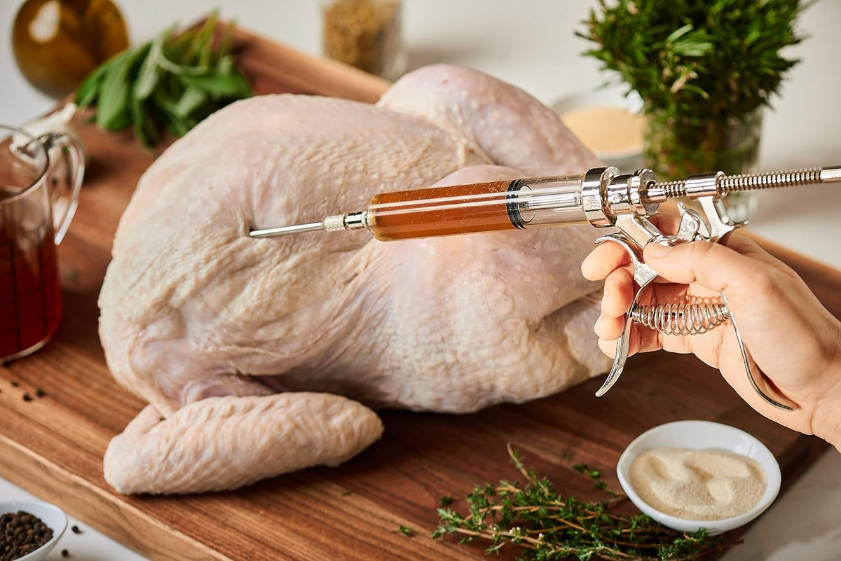 J&B Goods Professional Automatic BBQ Meat Marinade Injector Gun Kit with Case, 2 oz Large Capacity Barrel and 4 Commercial Grade Marinade Needles.