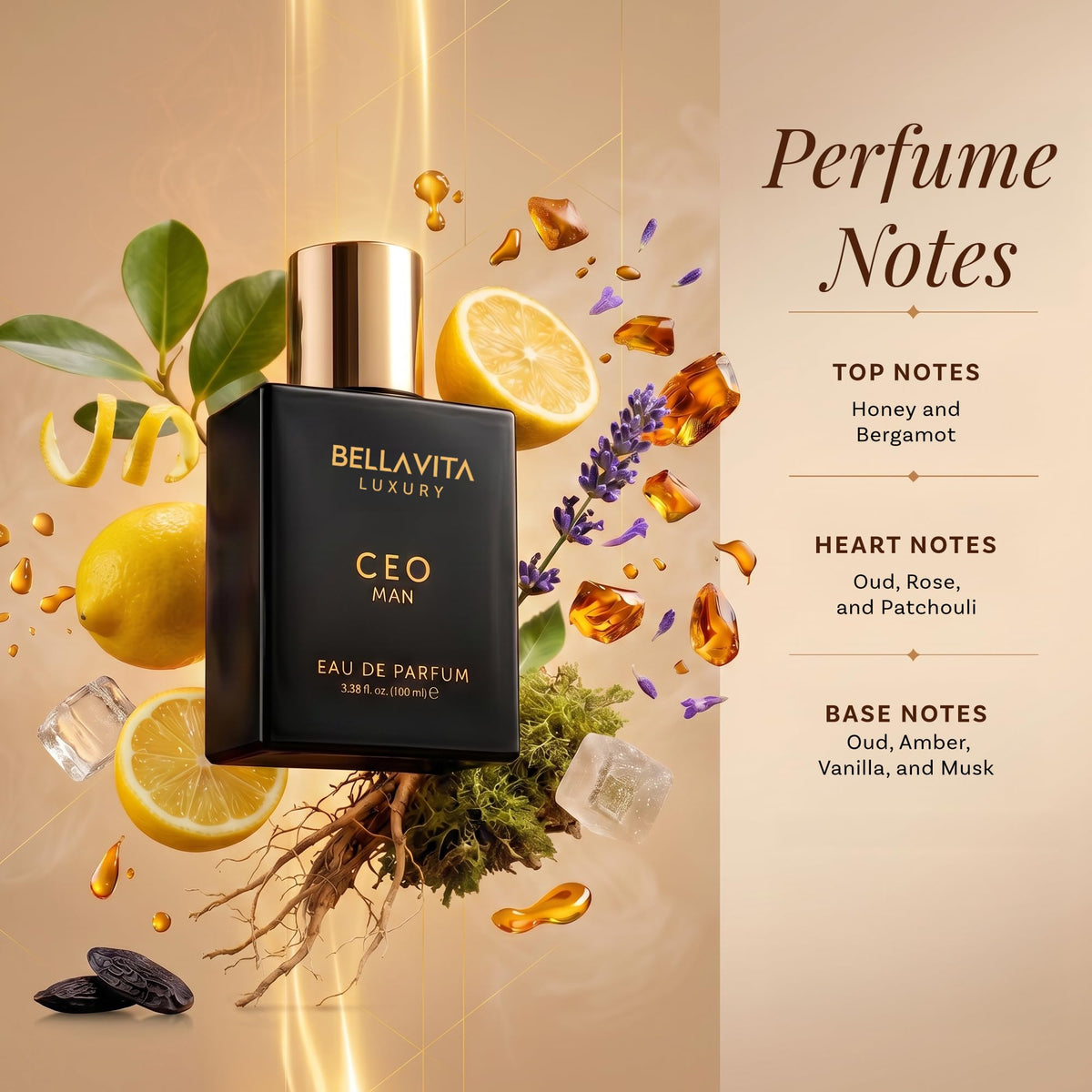 BellaVita Luxury CEO Man Perfume for Men (3.38 fl.oz) | Long-Lasting Men's Perfume with Lemon, Lavender, Tonka Vetiver & Moss Fragrance for Man | CEO Parfum for Men | Valentine's Day Gift for him