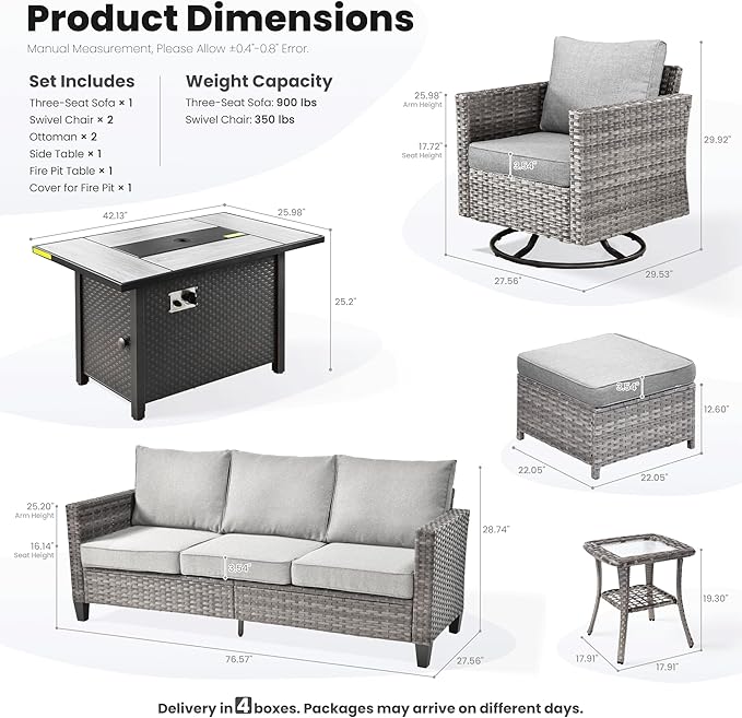 ovios 7 Pieces Patio Furniture Set with 42" Fire Pit Table, Outdoor Wicker Sofa with Swivel Chairs, All Weather High Back Rattan Couch Conversation Set, Dark Grey