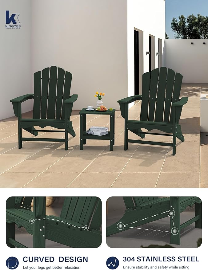 KINGYES HDPE Adirondack Chair Set of 8, Classic All-Weather Adirondack Chair, Green