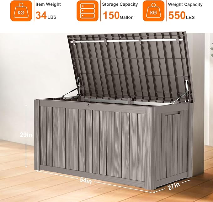 150 Gallon Resin Deck Box, Lockable Patio Outdoor Storage Box for Furniture, Garden Tools and Tools Storage, Waterproof Outside Storage Boxes - Grey