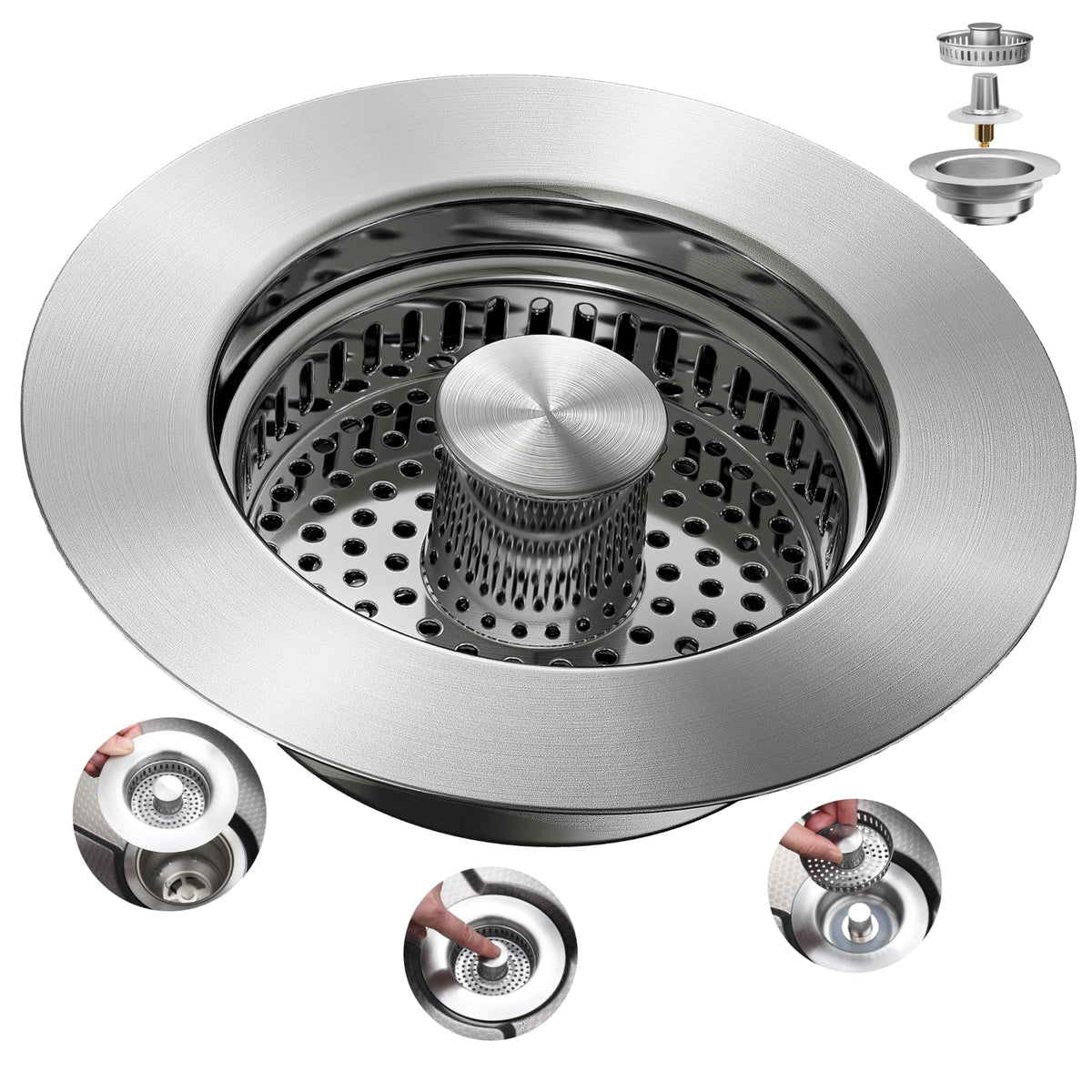 Sink Drain Strainer 3 in 1, 304 Stainless Steel Pop Up Sink Stopper, Anti-Clogging Sink Strainer, Kitchen Sink Strainer, Drain Cover and Kitchen Accessories for US Standard Sink(Silver)