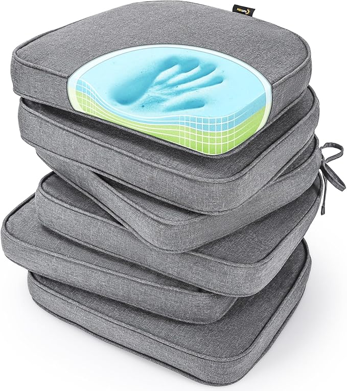 SUNROX Gel Memory Foam Chair Cushions, FadeShield Water-, Stain-Resistant Durable Reversible Seat Cushion Pads with Ties for Indoor/Outdoor Kitchen Dining Office 17"x16" Set of 6, Heather Charcoal