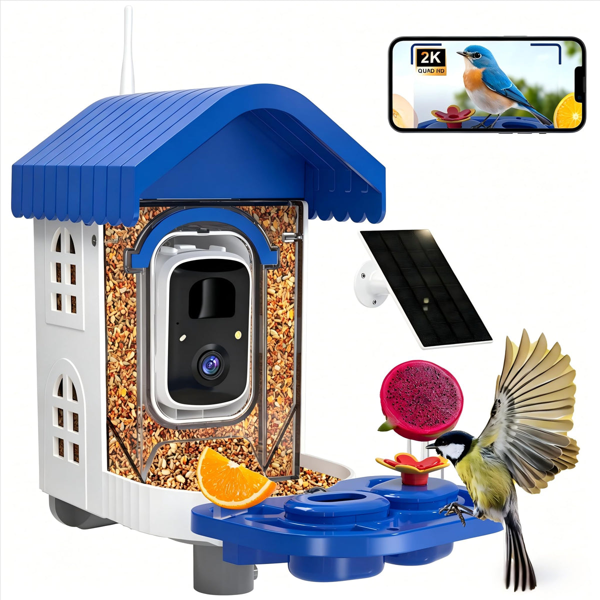 NEEZUKAR Smart Bird Feeder with Camera Solar Powered, AI Species Identification, 2K HD Video, Instant Arrival Alerts, Weatherproof Design for Outdoor, Best Gift for Bird Lovers(Blue)