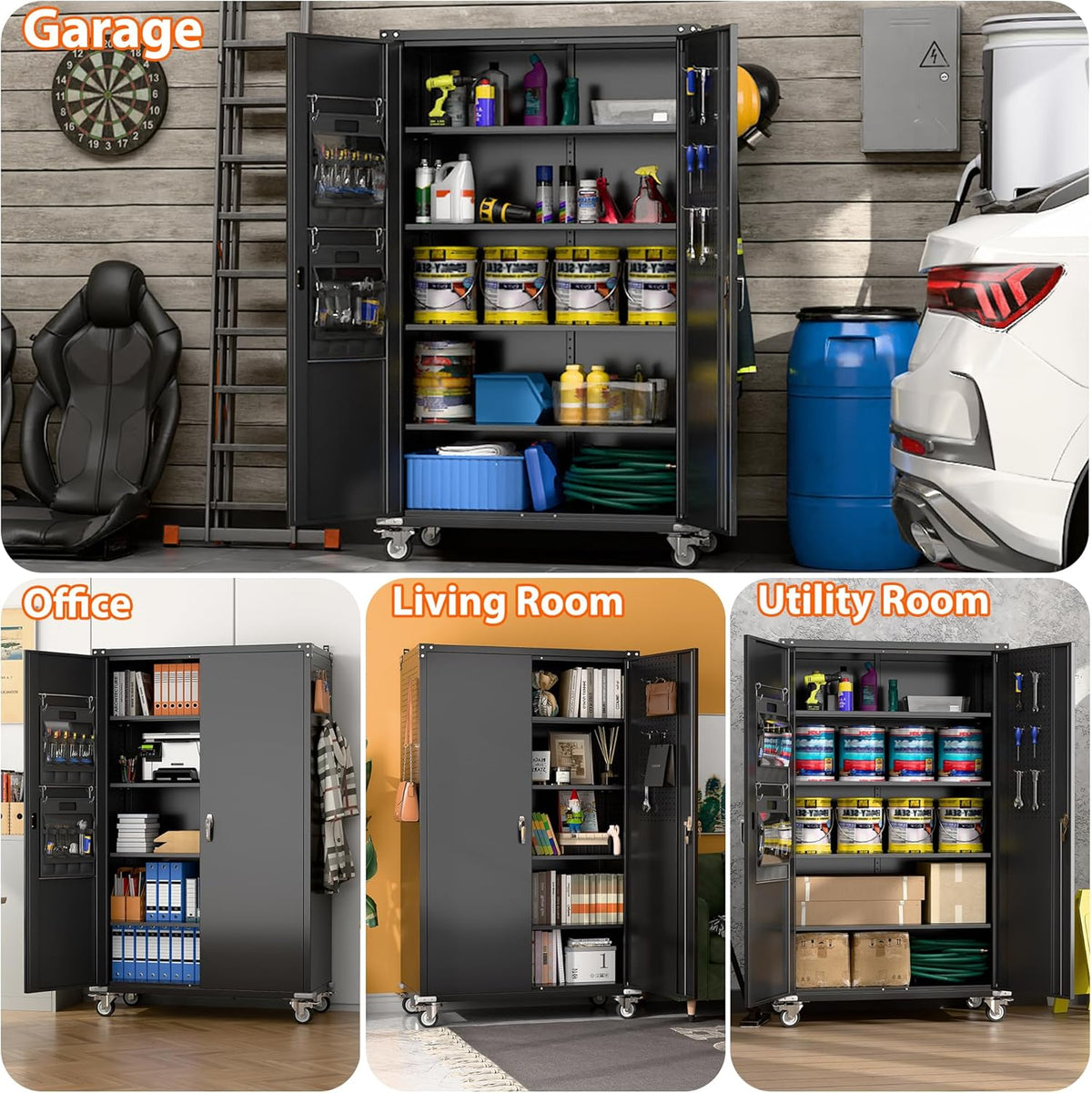 Aobabo Extra Large Cabinet on Wheels, Metal Storage Cabinet with Pegboards, Steel 2 Handles Locking Doors and Adjustable Shelves, for Garage Office, Black, 43.3''W x 21.6''D x 72''H, Assembly Required