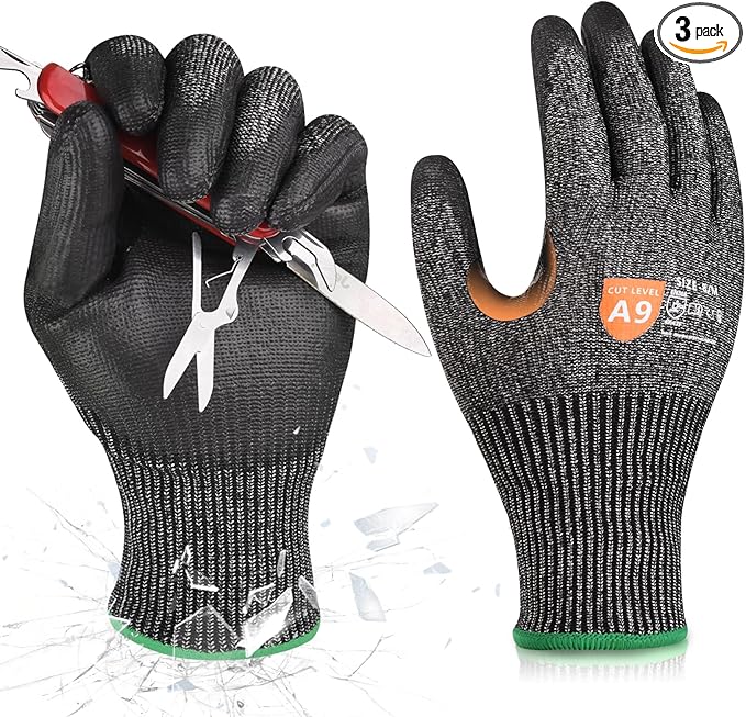 Donfri 3 Pairs A9 Cut Resistant Work Gloves for Men - Steel + HPPE Hybrid Safety Gloves for Men, ANSI Cut Level 9 Protection Flexible for Metal Glass Wood Construction Fishing