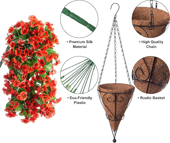 Artificial Hanging Flowers in 12 inch Basket, Fake Fall Plant Silk Orchid Flower Arrangement with Coconut Lining Pot Planter for Patio Garden Porch Deck Summer Autumn Decorationr(Orange)