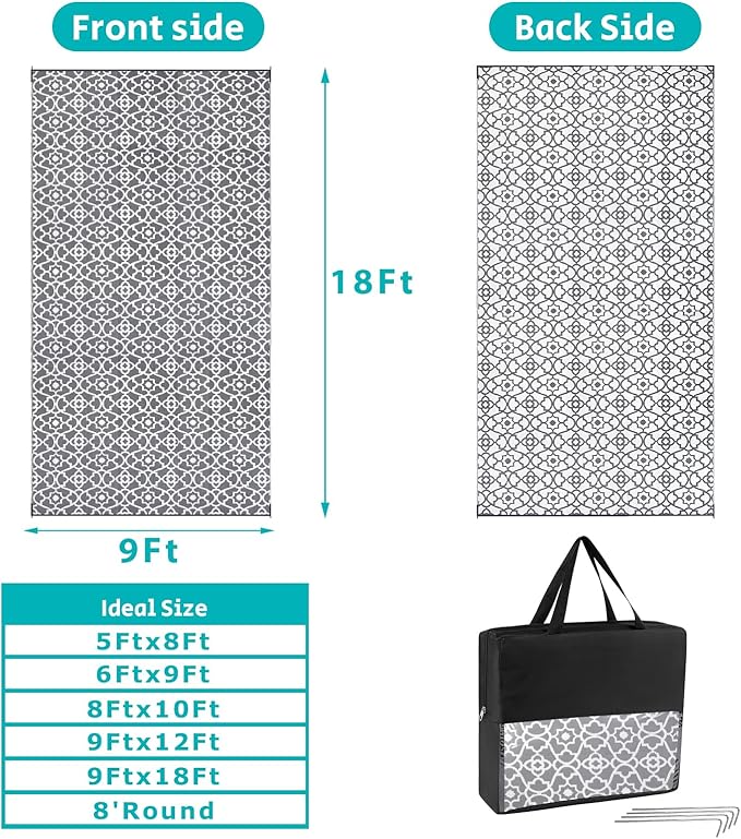 HEBE Outdoor Rug Waterproof 9x18, Plastic Straw Rug Camping Rug, Reversible Outdoor Patio Rugs RV Mat Clearance, Indoor Outside Floor Carpet for Porch,Deck,Camper,Balcony,Backyard