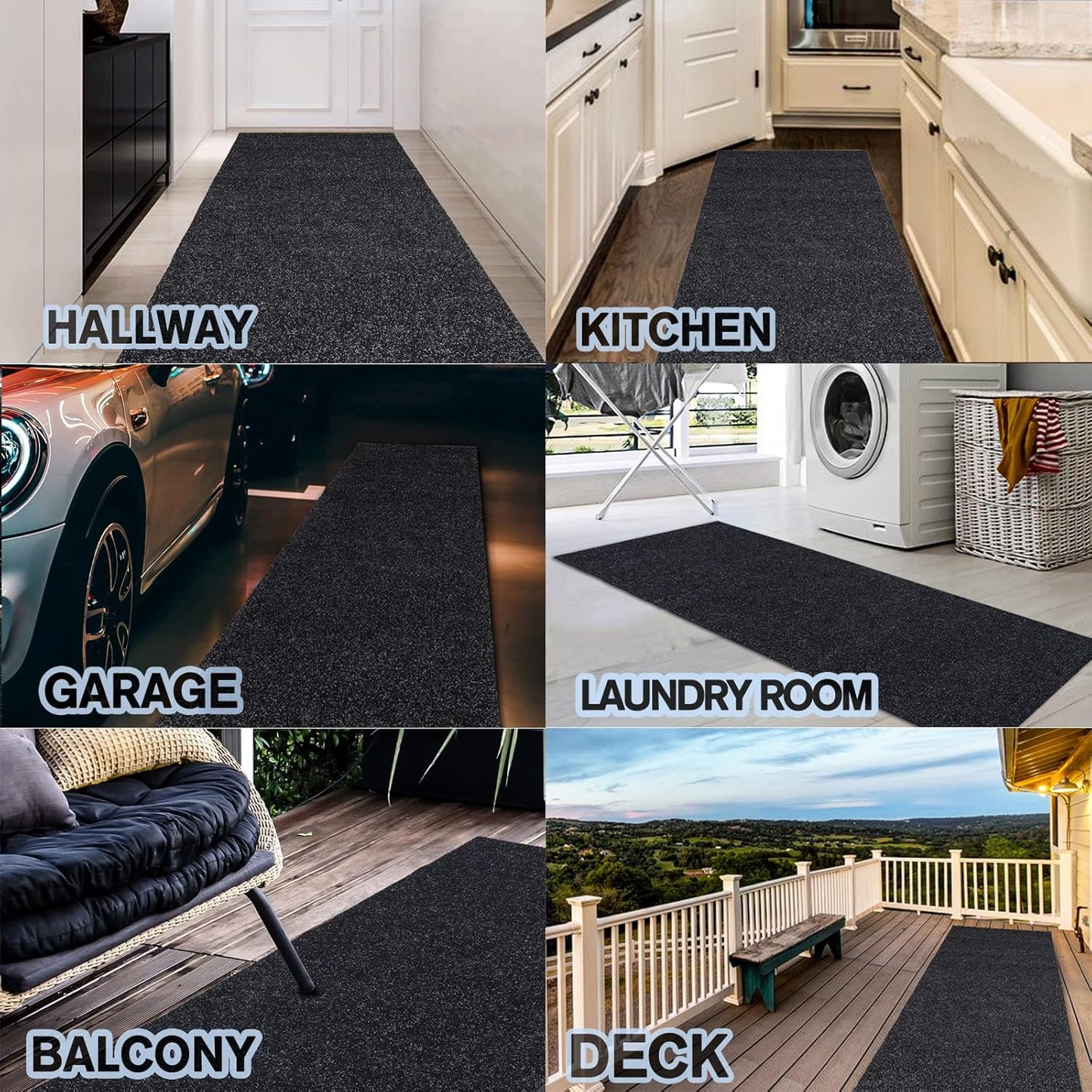 Custom Size Backed Non-Slip Area Rugs Runner, Easy Clean, Waterproof Runner Rugs for Hallway Entryway, Kitchen, Laundry, 2FT x 16FT, Black