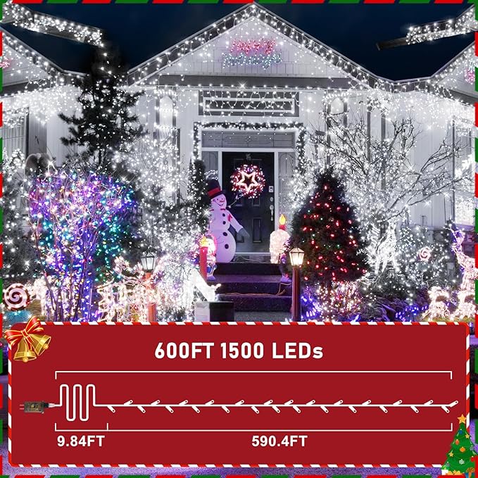 KNONEW 600ft 1500 LED Christmas String Lights Outdoor Green Wire 8 Modes & Timer Fairy Light Plug in Waterproof Patio Lights for Xmas Yard Tree Wedding Party Holiday Decorations (Cool White)