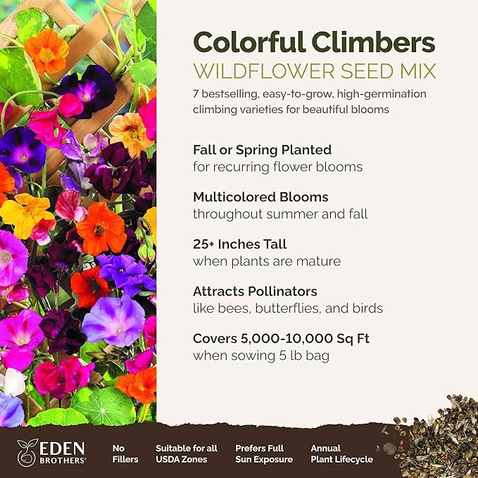 Eden Brothers Colorful Climbers Flower Mixed Seeds for Planting, 5 lb, 2,400,000+ Seeds with Morning Glory, Sweet Pea | Attracts Pollinators, Plant in Spring or Fall, Zones 3, 4, 5, 6, 7, 8, 9, 10