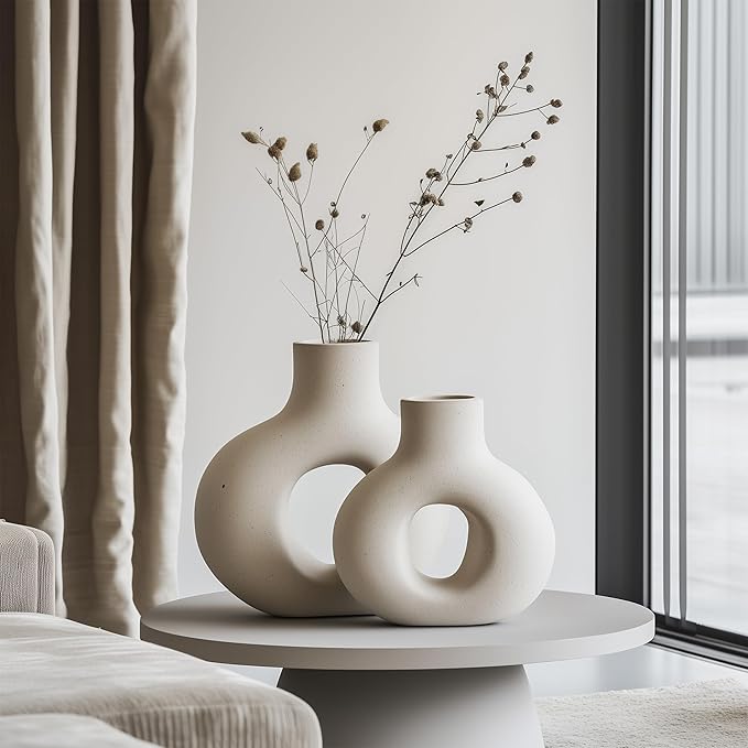 NOBULA White Ceramic Donut Vases – Modern Home Decor for Living Room, Bedroom & Table Centerpiece - Minimalist Nordic – Unique Vases for Olive Plant & Flowers – Decorative Coffee Table Vase Set of 2