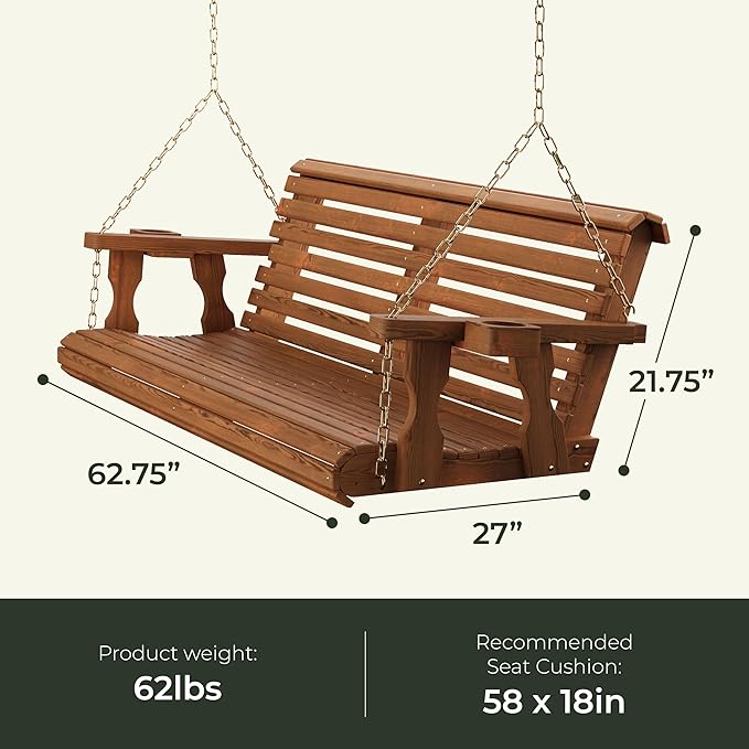 Amish Casual 3 Foot Roll Back Porch Swing with Cup Holders in Unfinished - Amish Made in The USA from Treated Pine Heavy Duty 700 Lb. Weight Capacity