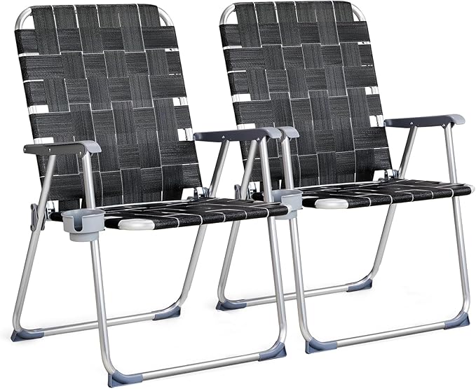 VINGLI Aluminum Oversize Patio Lawn Chairs Folding Set of 2 with Detachable Cup Holder, Webbed Beach Chair Folding Chair Outdoor Portable Camping Chair for Yard, Garden