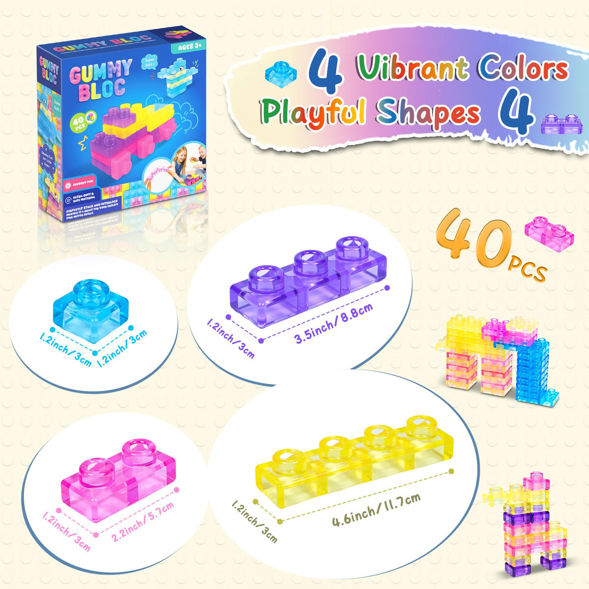 40PCS Original Soft Building Blocks for Kids, Gummy Squishy Stacking Toy