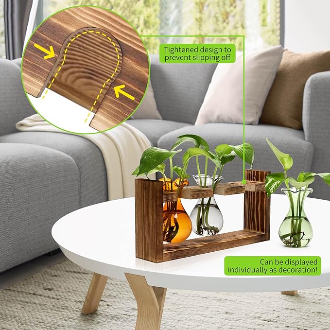 Plant Propagation Station Plant Terrarium Unique Birthday Gifts for Women Plant Lovers Home Office Decor Planter with Wooden Stand - 3 Bulb Glass Vase