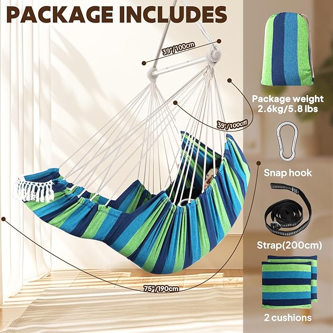 Chihee Hammock Chair Hanging Chair with Foot Rest 2 Cushions Max 500lbs Robust Metal Spreader Bar Collapsible Easy Storage Soft Cotton Swing Chair Strong Strap Iron Carabiner Side Pocket Included