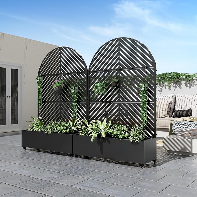 Casaphoria Metal Raised Garden Bed with Trellis and Wheels, 72"x47"x16" Arched Planter Box for Climbing Plants, Vegetables & Vines, Features Drainage Holes and Privacy Screen (Black-Parallel)