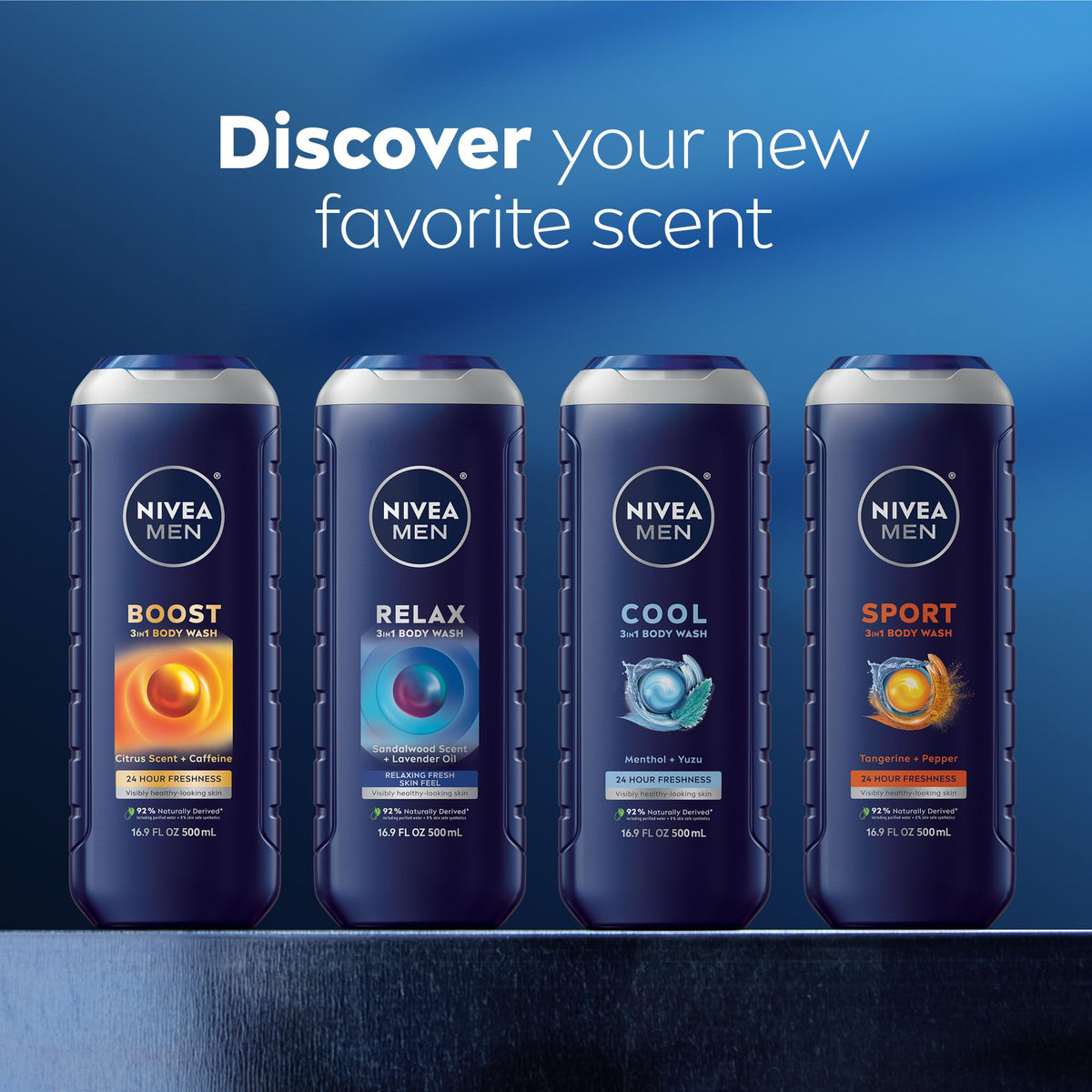 NIVEA MEN Cool 3-in-1 Body Wash with Menthol, Multipack, 3 x 16.9 FL OZ