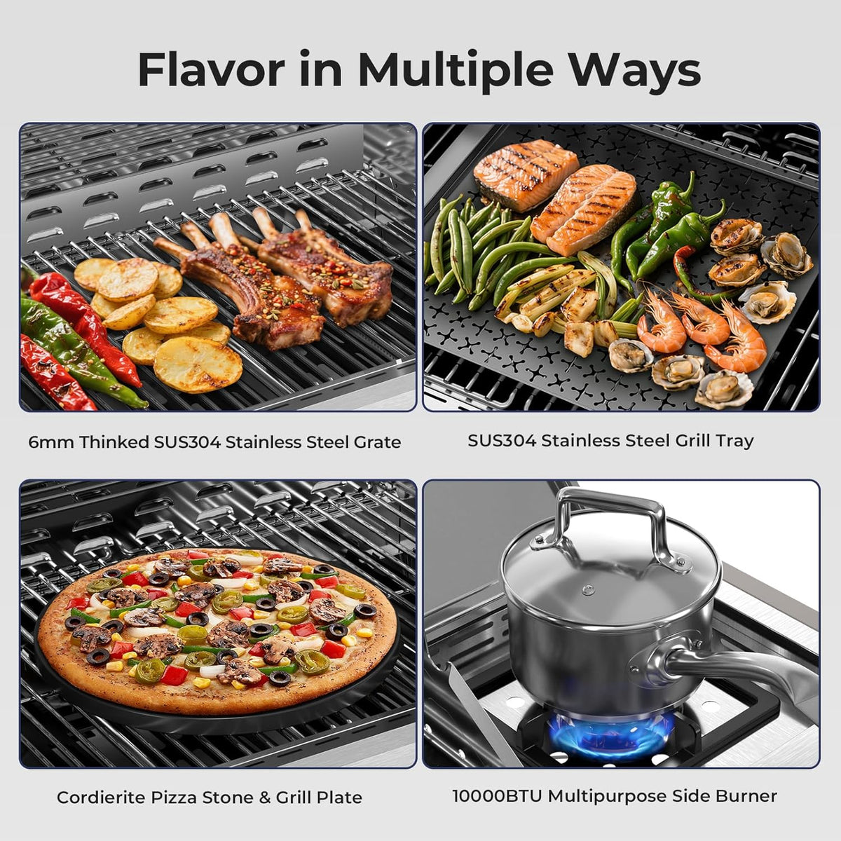 R.W.FLAME 4 Burner Gas Grill, 42,000 BTU Propane Grill, Outdoor Grills with Side Burner, Outdoor Barbecues with Stainless Steel Mesh and Plates, for Camping, Backyard, Patio and Deck