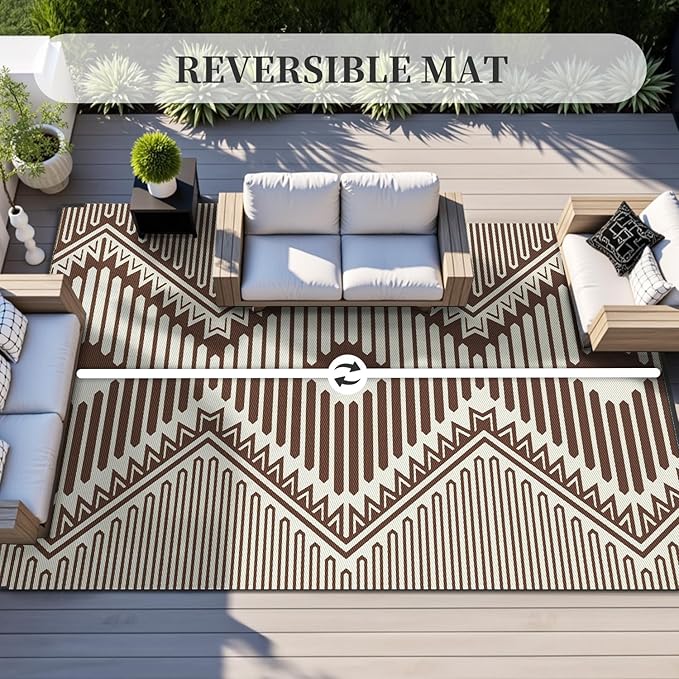 MontVoo Outdoor Rug-Waterproof Camping Rug Patio Rug Mat 6x9 Reversible Plastic Straw Outside Outdoor Rug for RV Camping Picnic Balcony Backyard Pool Deck Porch Modern Boho Beige Brown