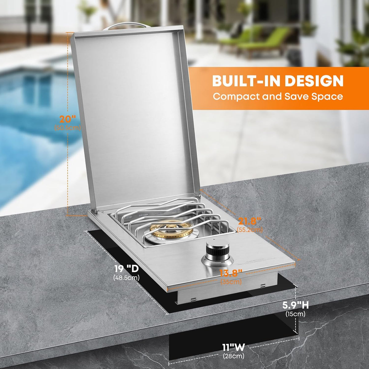 Stanbroil Built-in Stainless Steel Side Burner for Outdoor Kitchen - Liquid Propane Only