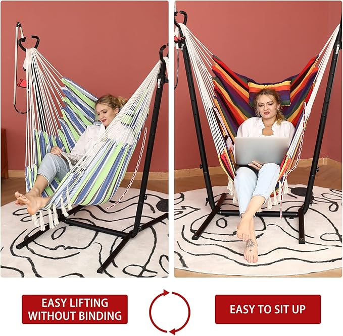 ZEYU Hammock Chair with Stand Double Hammock Chair Bohemian Style with Tassel Mobile Phone Support Manual Adjustable Swing Indoor and Outdoor Garden Porch with Floor mat Reclining Capacity 400 pounds