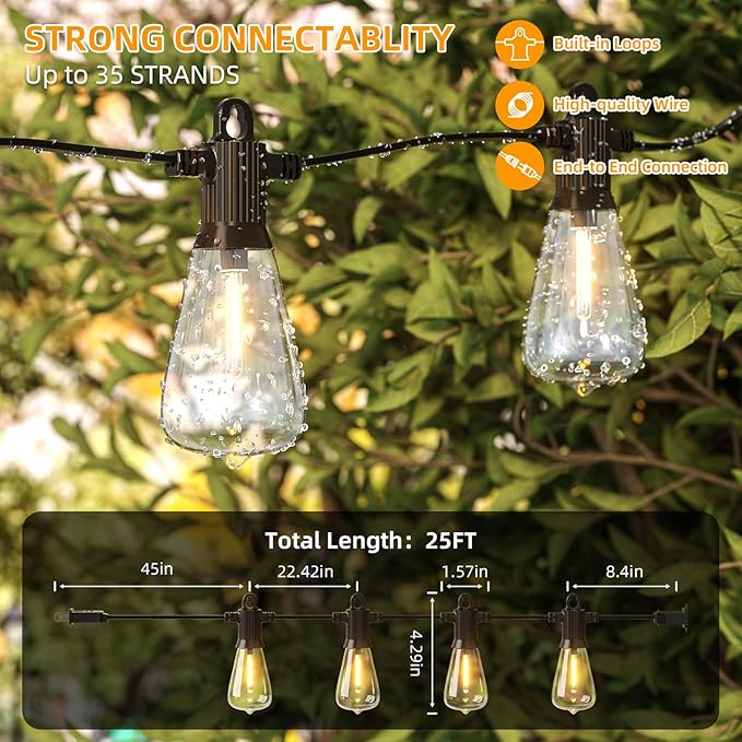 LED Outdoor String Lights, 25FT Outside Waterproof Patio Lights with 12+1 Shatterproof ST38 Edison Bulbs, 2700K Warm White Hanging Light, Dimmable Light for Back Yard Porch Party Gezebo