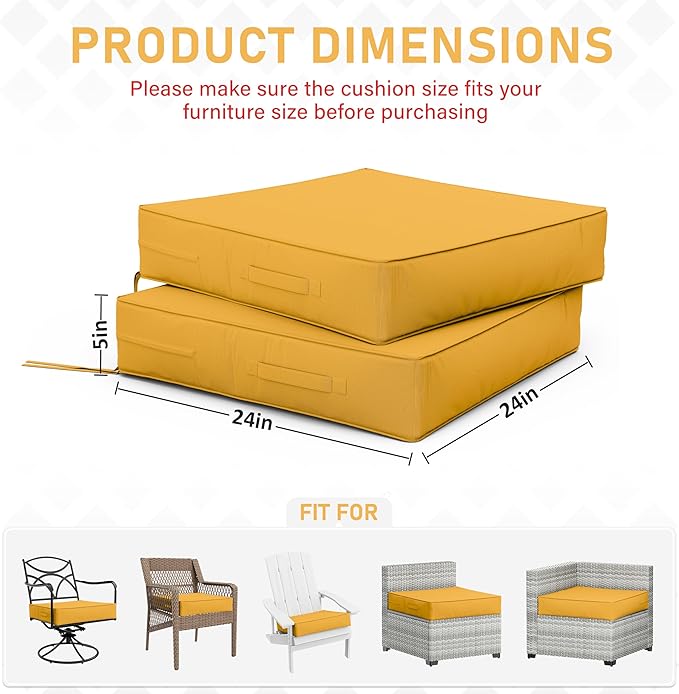 Patio Chair Cushions 24 X 24 X 5 Inch Waterproof Outdoor Seat Cushions for Patio Furniture, Outdoor Sofa Couch Pads with Ties & Handle, Set of 2, Yellow