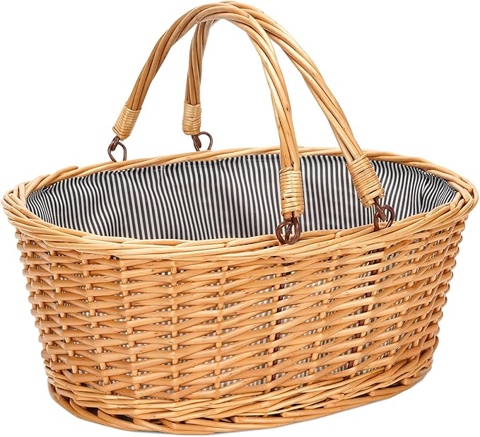 Wicker Picnic Basket with Double Folding Handles, Natural Large Willow Hamper Empty Basket Cheap Easter Eggs Candy Storage Wine Basket for Toy, Flower, Wedding（Grey 16inch）