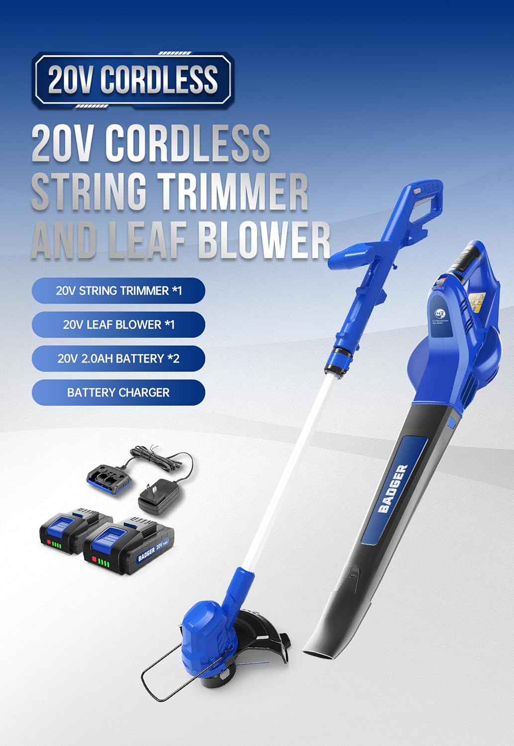 WILD BADGER POWER 20V Weed Wacker & Leaf Blower, Electric with 2 * 2Ah Battery & Charger, String Trimmer, Lightweight, Adjustable Telescopic Shaft, Easy to Use