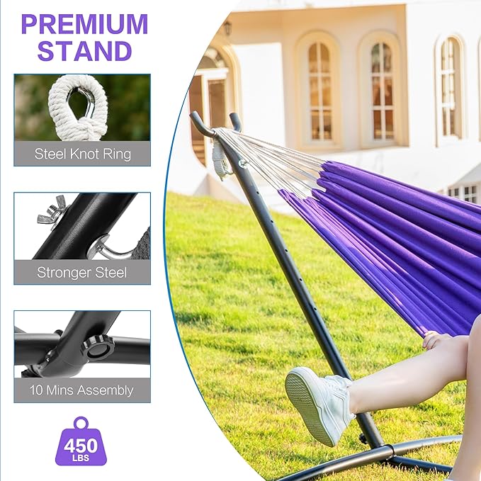 PNAEUT Double Hammocks with Stand for Outside, Portable Space Saving Heavy-Duty Steel Stand for Indoor Outdoor Patio with Carrying Bag, 450 lbs Capacity (Purple)