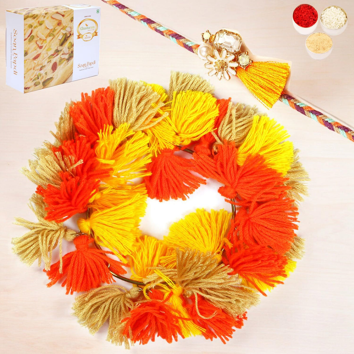 Ghasitaram Gifts Rakhis Online - Rakhi for Brother-RM-268 Bhaiya Bhabhi Rakhi with 400 GMS of Soan Papdi